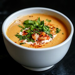 Shrimp in Creamy Soup with Fresh Herbs and a Swirl of Cream