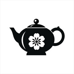 Black Silhouette Teapot with Floral Design on White Background, Teapot with floral design elements, Teapot silhouette isolated on White background. Restaurant menu or Invitation. Vector illustration