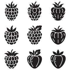 Raspberry Vector Black silhouettes icon illustration. Flat berry sweet healthy organic fruit raspberry blackberry. with white background