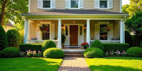 Charming Suburban Home with Brick Pathway, Lush Green Landscaping, and Front Porch Decor