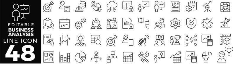 Business Analysis Icon Set: A Line Icon Collection Featuring Charts, Data, Insights, Strategy, Market Research, Reports, Metrics, and More