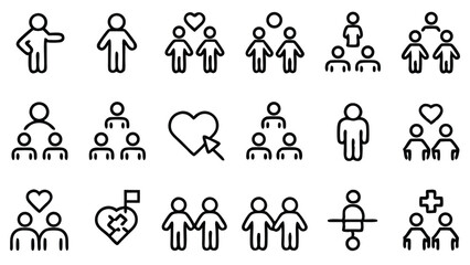 This image displays a versatile set of people icons, representing diverse individuals and groups in simple graphic forms