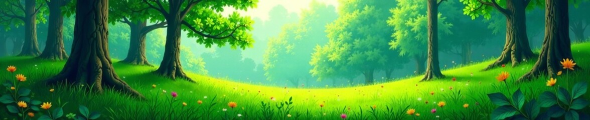 Vibrant forest landscape with lush green grass and tall trees in a nature inspired vector illustration, vibrant, landscape
