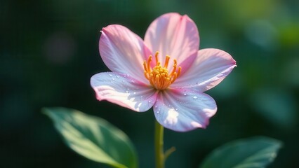 A Delicate Pink Flower with Morning Dew, Gracefully Displaying its Vibrant Stamen and Petals in Soft Sunlight