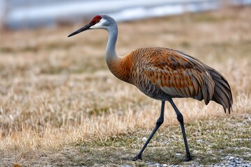 Obraz premium Sandhill crane strides across a wintry meadow.