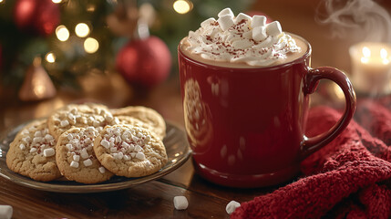 a cozy holiday scene with a red mug of hot chocolate topped with marshmallows and a plate of festive cookies