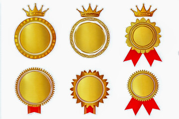 High-resolution vector illustration of gold round badges with crowns and ribbon decorations, in flat design with red accents on a white background, front view