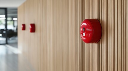 A modern interior featuring a wooden wall with red fire alarm units prominently displayed, emphasizing safety and design aesthetics.