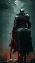 Fototapeta premium Medieval Knight on Horseback at Dawn in Forest 