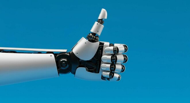 OK, M&atilde;o do exterminador robotica, com dedo para cima a subir