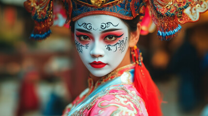 Vietnamese opera performer dressed in traditional attire with striking face paint and dramatic expression in a cultural performance. AI Generated Images