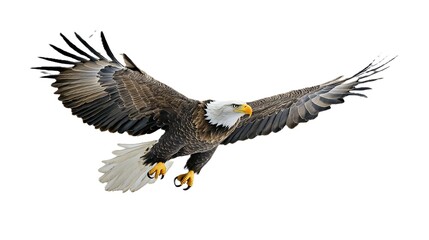 Fototapeta premium Bald eagle flying on a white background with a flag faintly visible in the distance symbolizing freedom and strength