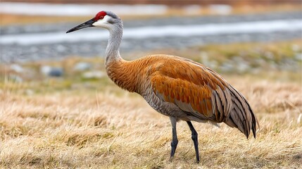 Naklejka premium Sandhill crane standing in a grassy meadow.