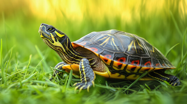 Colorful turtle in green grass close-up with vibrant shell pattern 초록 잔디 위 알록달록한 등껍질 거북이 클로즈업