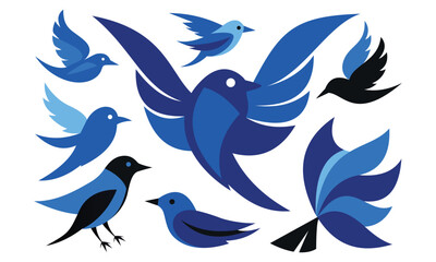 Fototapeta premium Collection of Stylized Blue Bird Silhouettes – Minimal Vector Set