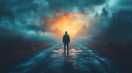 Fototapeta premium A lone figure stands at the crossroads, gazing into the unknown as ethereal mists envelop the path ahead, creating a sense of both isolation and anticipation.