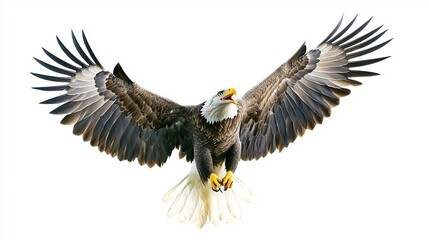 Fototapeta premium Bald eagle flying on a white background with its wings fully extended and its sharp beak open as if calling