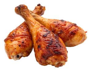Three juicy, roasted chicken drumsticks.