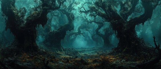 Fototapeta premium A dark and eerie forest with thick fog and gnarled trees.
