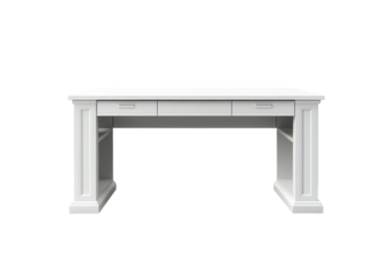 Elegant white executive desk with three drawers and open shelving perfect for home or office Clean lines and a minimalist design for a on transparent background