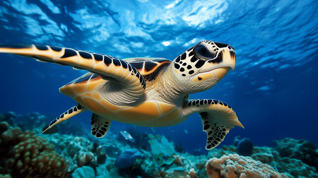Hawksbill sea turtle swimming over coral reef in clear ocean 바다거북이 산호초 위 맑은 바다를 유영하는 모습 - Powered by Adobe