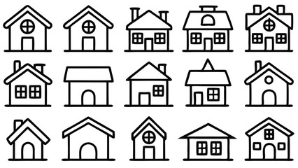 This black vector set features simple house icons, illustrating various home and building symbols for real estate and urban design