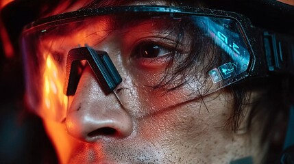 Intense Focus of a Gamer with High-Tech Glasses and Vibrant Lighting