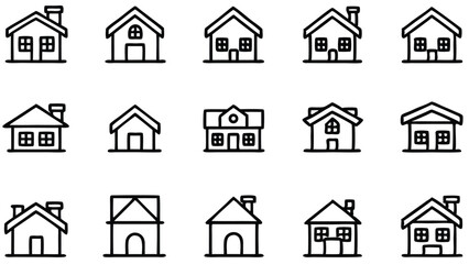 This black vector set features simple house icons, including building, home, and real estate symbols for urban design