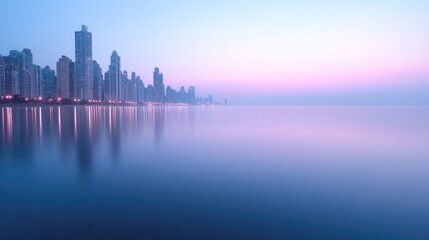 Obraz premium Serene city skyline reflecting on calm water at dawn. Urban cityscape, mirrored on tranquil lake. Soft morning light casts a gentle glow over the waterfront