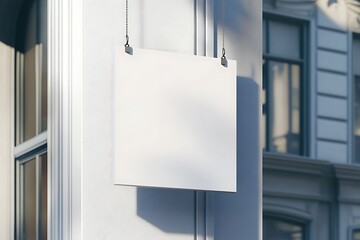 Hanging White Signboard, Metal Chains, Exterior Building Wall, Copy Space, Clean Modern Look