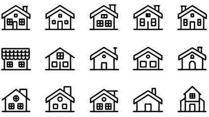 This vector set features various black silhouette house icons, perfect as real estate or architecture symbols for urban design