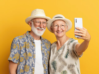 Senior Couple Smiles for Selfie on Bright Background, Travel, Vacation, and Healthy Active Living