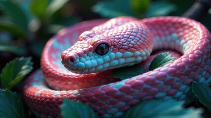 Obraz premium A Pink Serpent Coiled Among Lush Green Foliage, Its Scales Gleaming in Soft Light