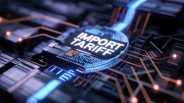 3D financial interface showing a dramatic rise in tariff percentages with blinking IMPORT TARIFF label and digital cargo indicators. - Powered by Adobe