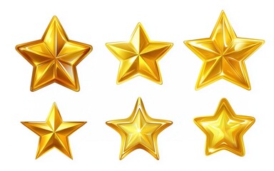 Obraz premium Elegant set of golden decorative stars in various luxurious glass textures on a white background. Perfect for festive, luxury, and holiday design themes..