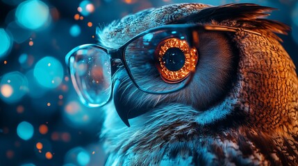 In a surreal laboratory, a scientist adorned with owl-like feathers examines curious specimens under sparkling lights, embodying wisdom and discovery in every detail