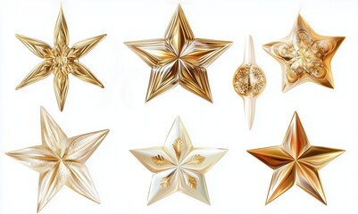Obraz premium Elegant set of golden decorative stars in various luxurious glass textures on a white background. Perfect for festive, luxury, and holiday design themes..