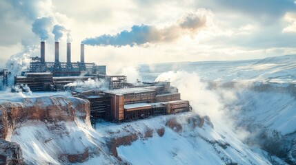 Fototapeta premium Industrial Power Plant Amidst Snowy Mountain Landscape
