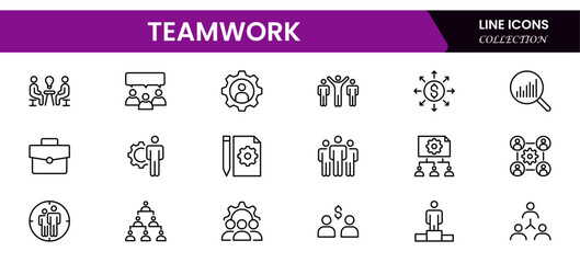 Teamwork linear icons collection. Set of coworking space icons. Business teamwork, team building, work group, and human resources minimal thin line web icon set.