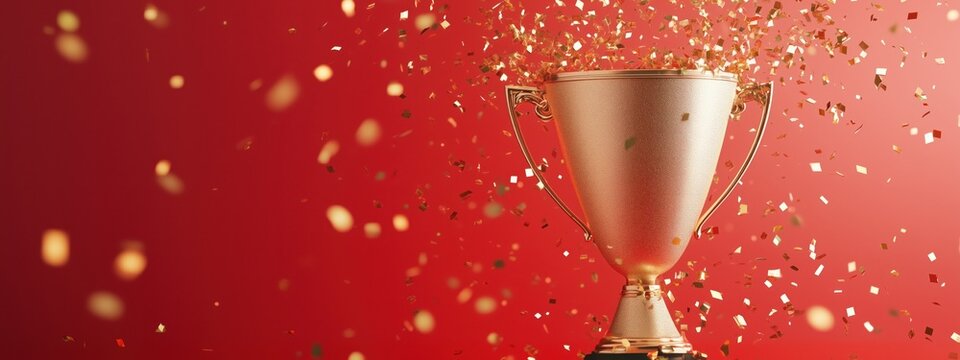 Golden trophy on vibrant red background with flying confetti. Perfect symbol of victory, celebration, and championship moments in sports, awards, and achievement events.