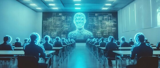 Futuristic classroom with holographic teacher engaged