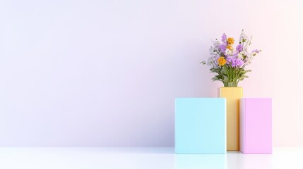 Pastel colored display podiums with flowers