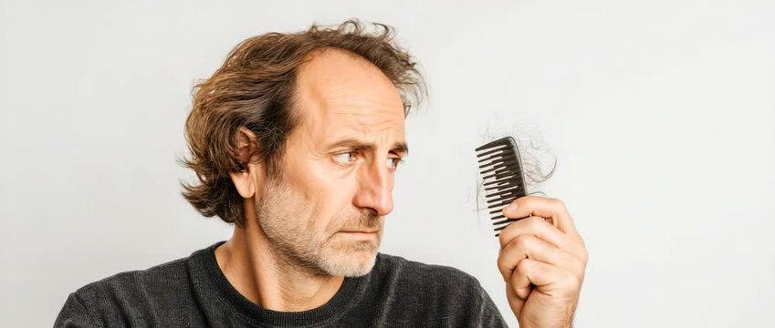 An older man with receding hair who is obviously unhappy and clutching a comb with some hair matted to it. 