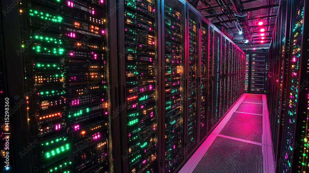 Wall mural futuristic background of rack server with blinking lights in supercomputer