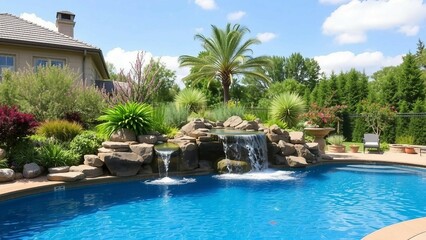 SEO-optimierte Bildbeschreibung:

Luxuri&ouml;ser Pool mit Wasserfall und tropischen Pflanzen im Garten. Entspannende Urlaubsatmosph&auml;re am Pool.