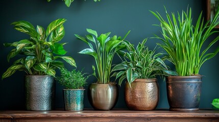 A row of potted plants sit on a wooden shelf