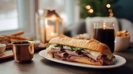Delicious roast beef sandwich with cheese and greens on a white plate with fries and soda pop drink