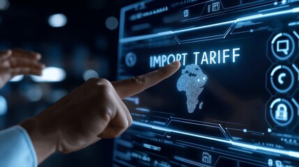 Business analyst interacting with a virtual control board, highlighting fluctuating trade metrics and the phrase IMPORT TARIFF in a futuristic setting.