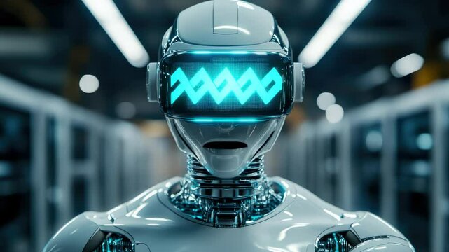Futuristic white humanoid robot with a VR visor standing in an advanced AI-driven data center. Concept of artificial intelligence, automation, and cybernetic future