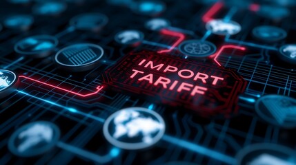 Global supply chain visual with interconnected trade icons and a central banner reading IMPORT TARIFF in a glowing red font.